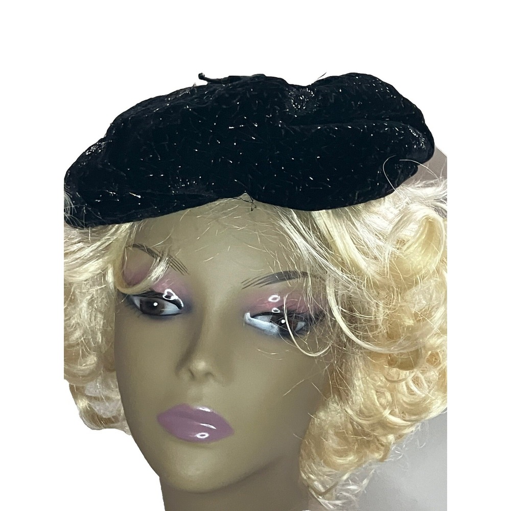 Vintage Dana Marte Tam  Hat Black Sparkle Flat Grannycore‎ Goth Mobwife